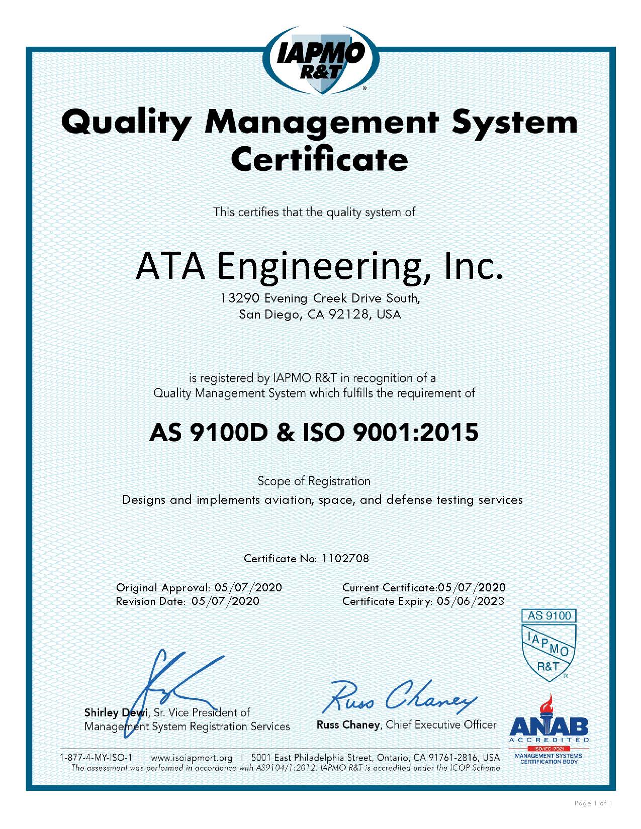 ATA Engineering Inc. AS 9100D Certificate 2020